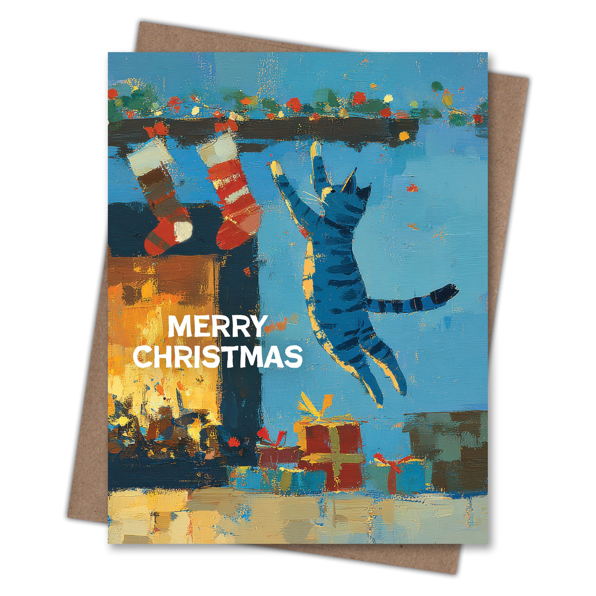 Stockings Cat - Recycled Christmas Card for Cat Lovers