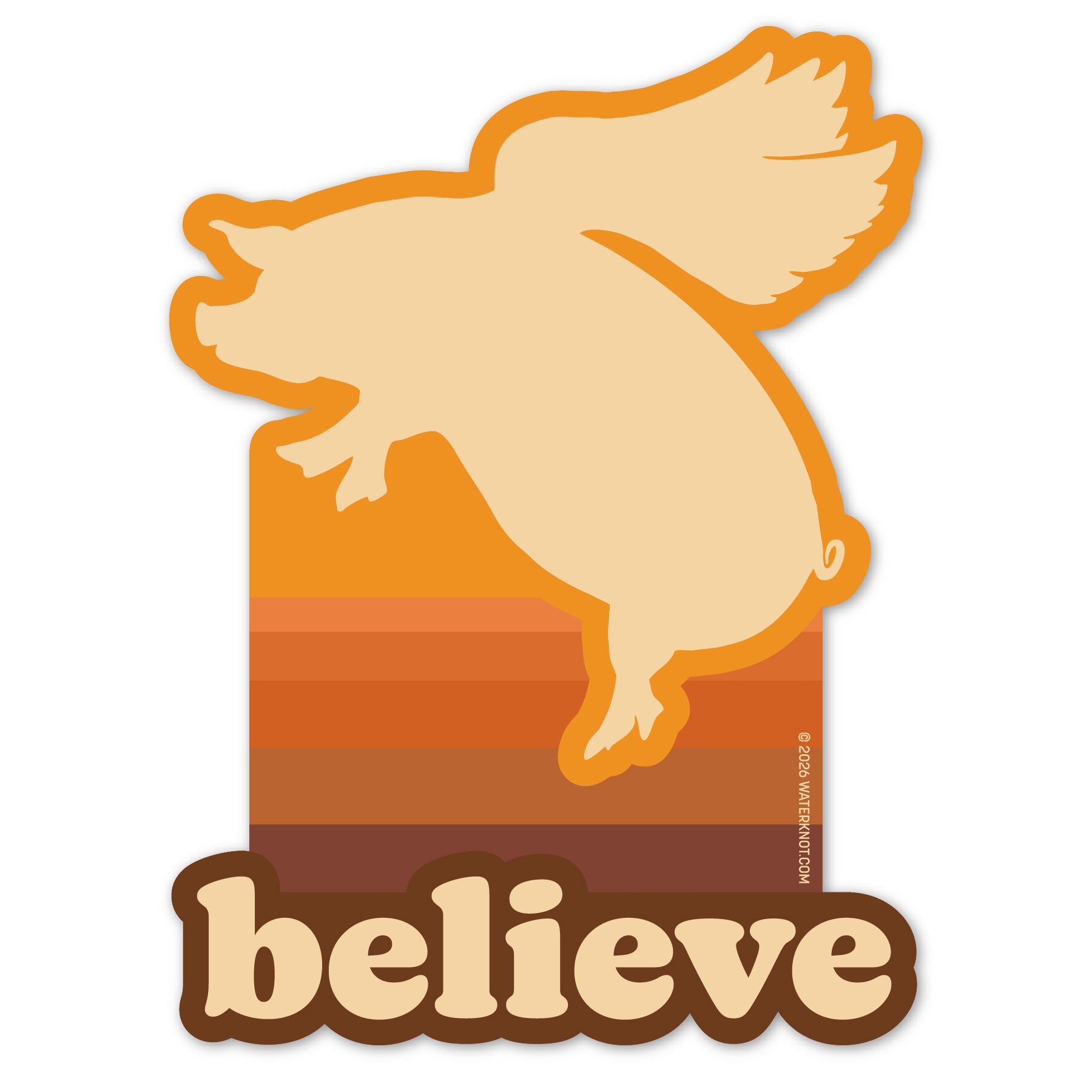 Flying pig sticker with warm retro colors and the word believe.