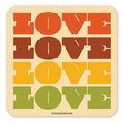 Square retro sticker with the word Love repeated in warm colors.