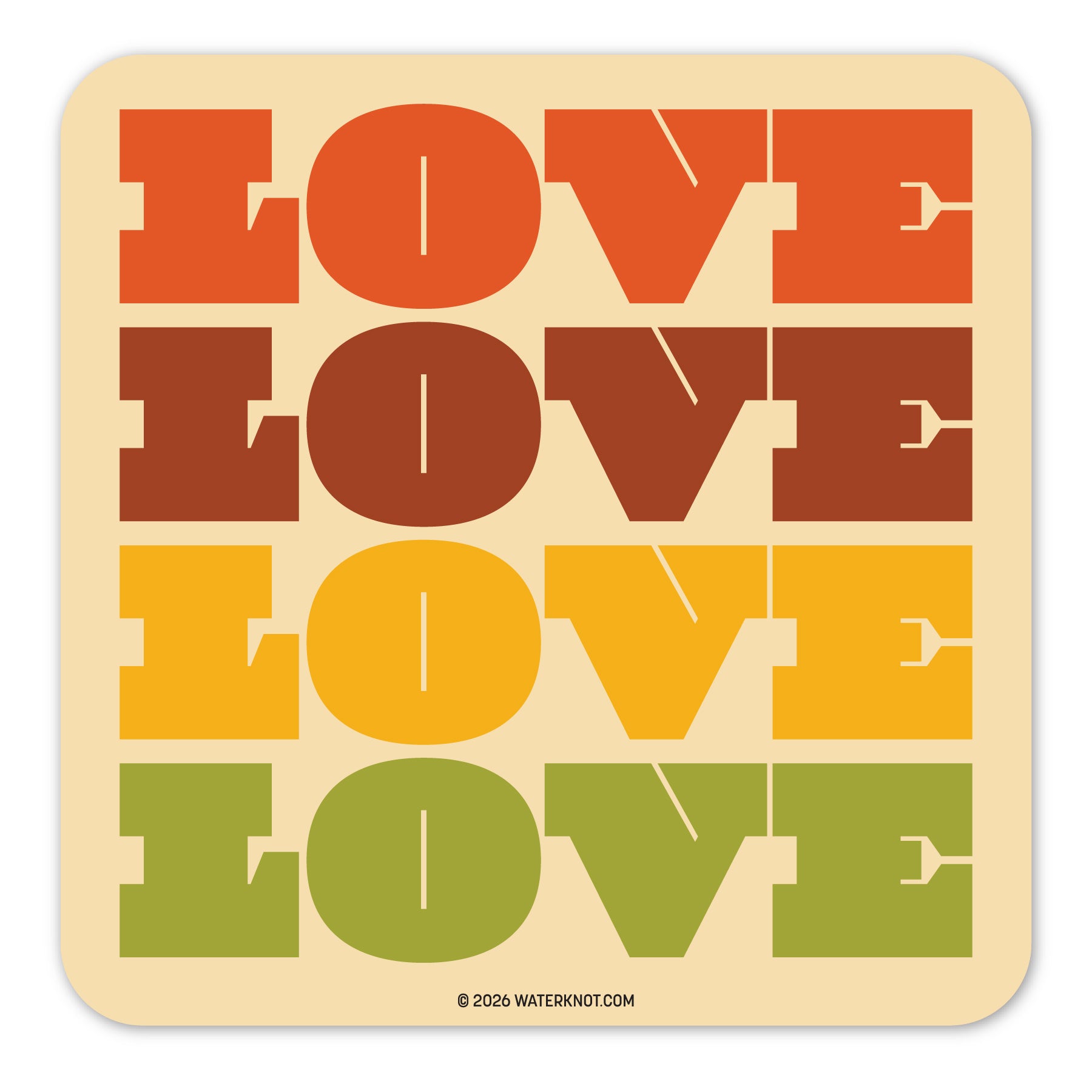 Square retro sticker with the word Love repeated in warm colors.