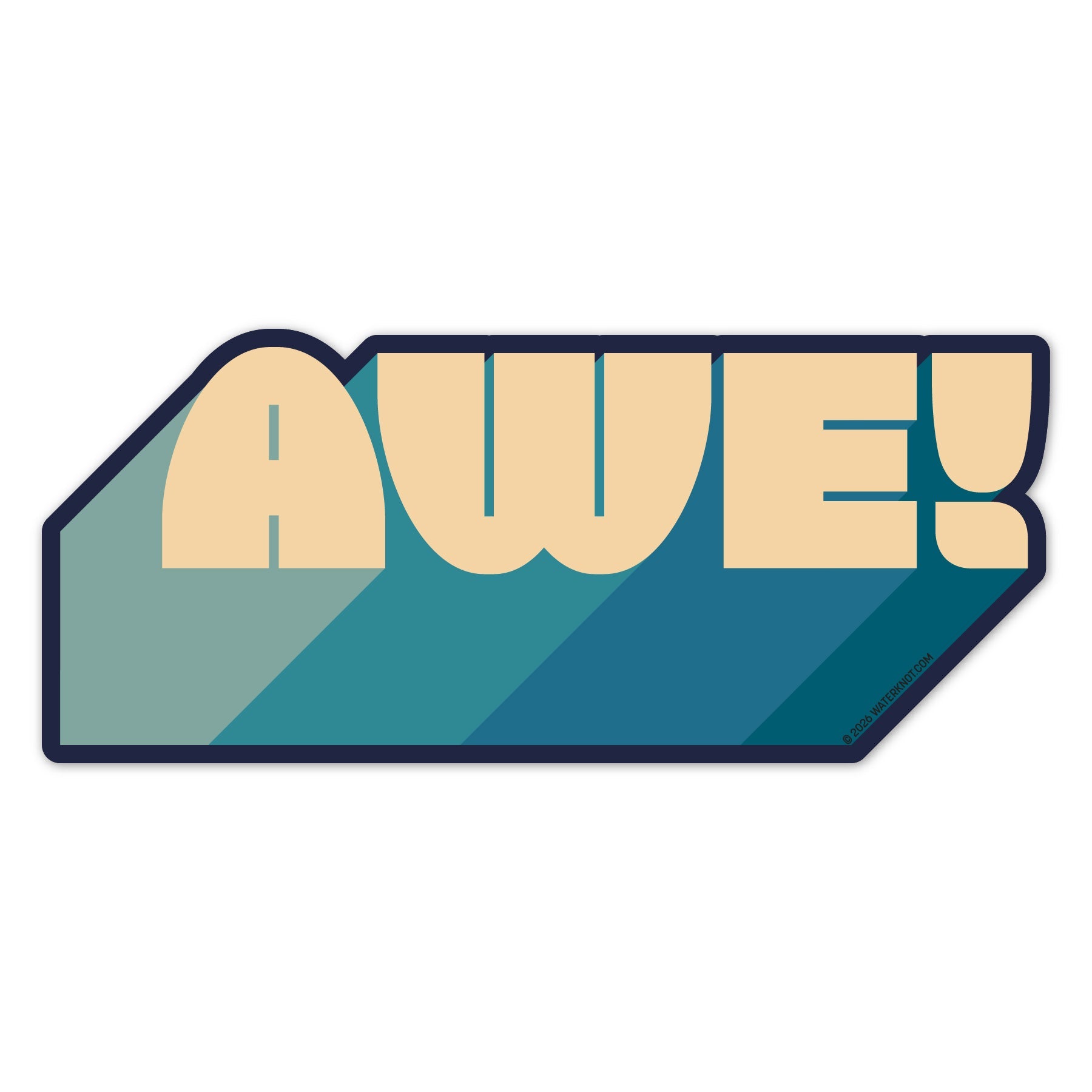 Retro blue geometric sticker with the word Awe.