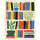Colorful bookshelves and plants with a love message