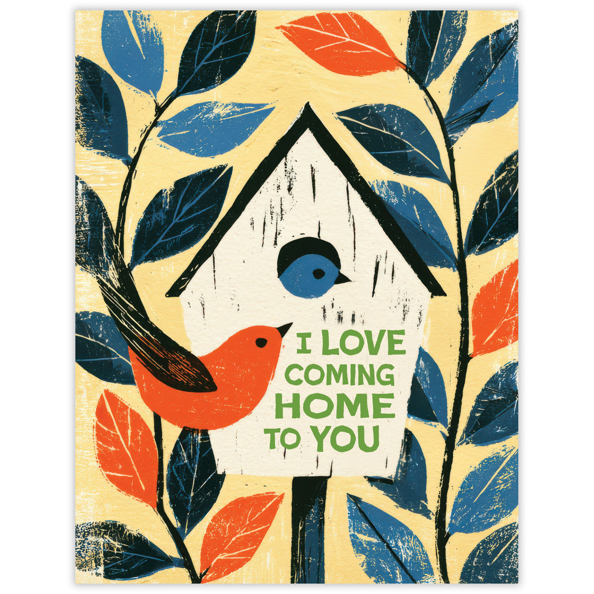 Red bird and birdhouse surrounded by leafy branches