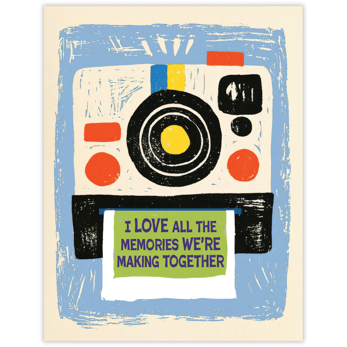 Retro camera printing a photo with a love message