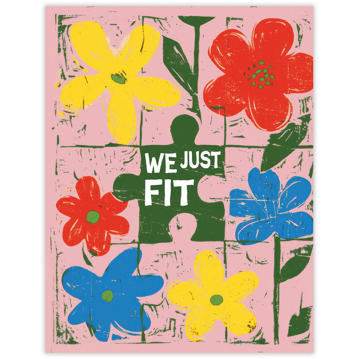 Colorful flowers and puzzle pieces with a love message